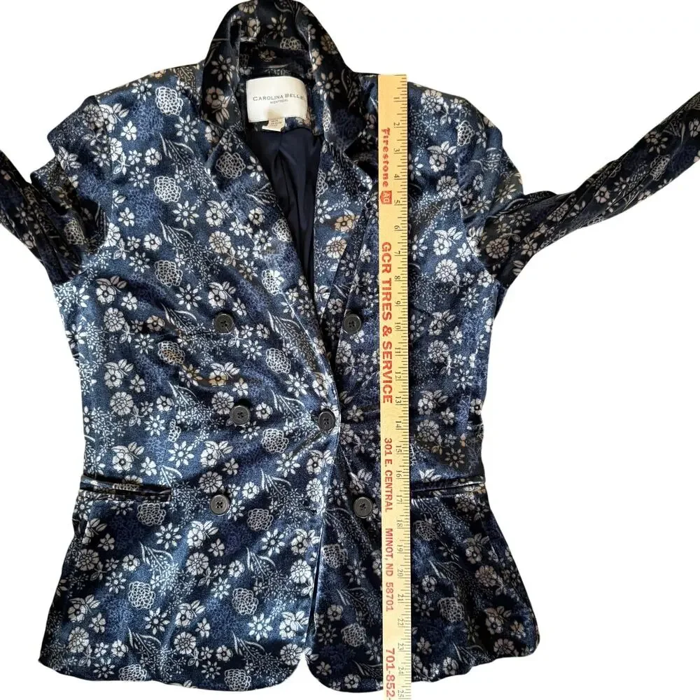 Carolina Belle Montreal Velvet Blazer XS Navy Blue Beige Floral Double Breasted